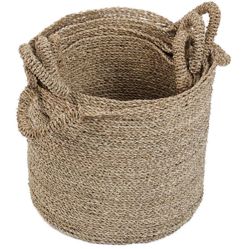Panier de rangement bohème chic 2 poignées Rond 37 cm Jonc de mer Naturel Tressé The Sensity 