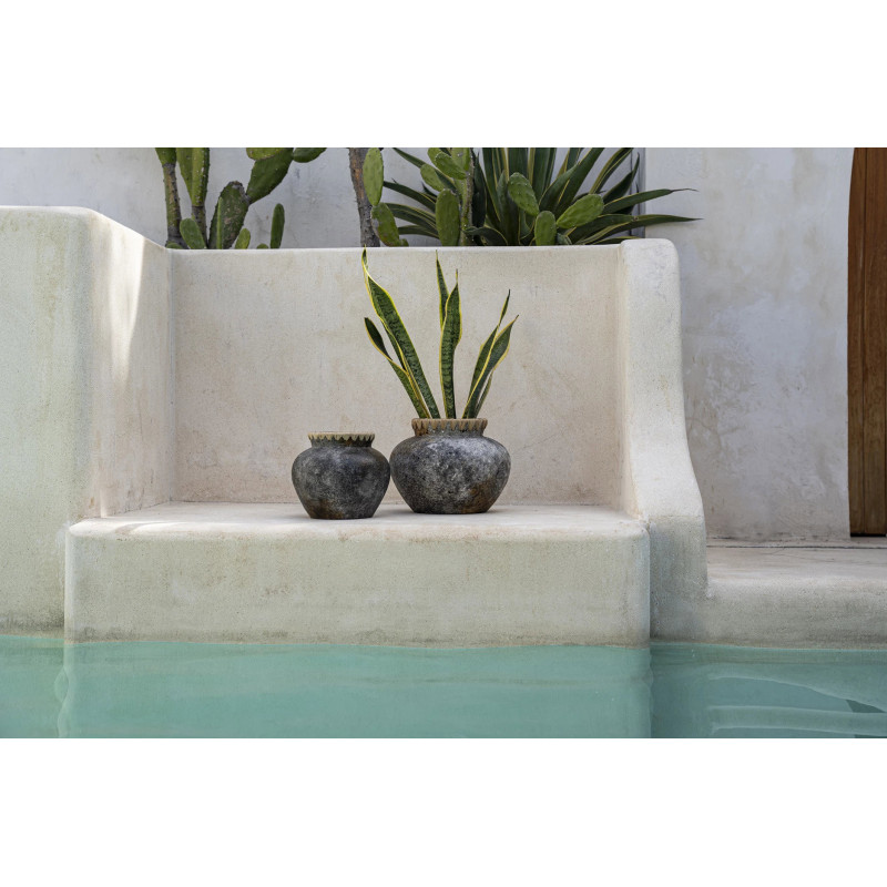 Vase Rond Hauteur 19 cm en Terre cuite Gris antique Raphia Naturel The Styly 