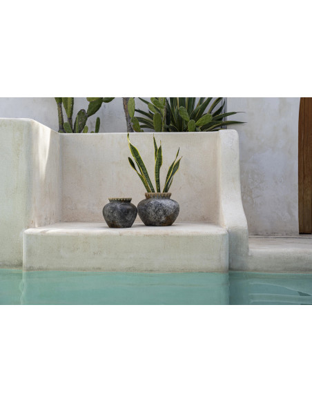 Vase Rond Hauteur 19 cm en Terre cuite Gris antique Raphia Naturel The Styly 