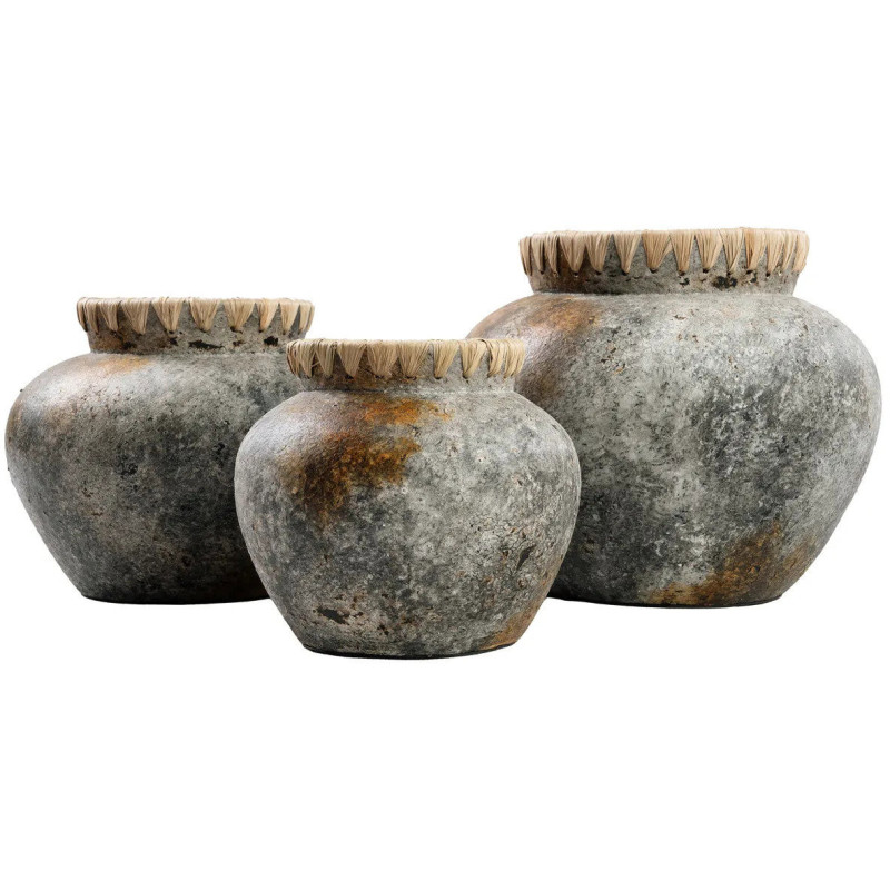 Vase Rond Hauteur 19 cm en Terre cuite Gris antique Raphia Naturel The Styly 