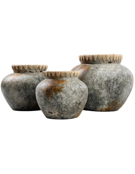 Vase Rond Hauteur 19 cm en Terre cuite Gris antique Raphia Naturel The Styly 