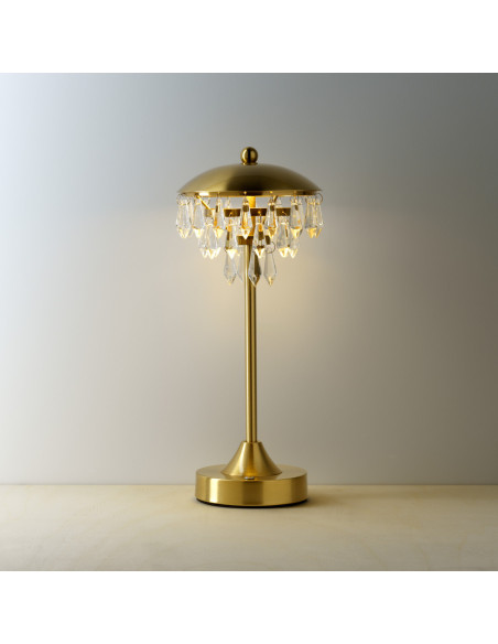 Lampe à poser LED rechargeable glamour art déco Champignon H 33 cm Métal Laiton doré Avec pampilles The Chandelette 