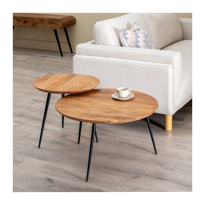 Lot de 2 tables basses gigognes rondes acacia naturel métal noir 70 et 50 cm Vojia Ixia - 2