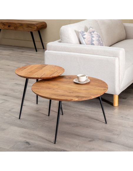Lot de 2 tables basses gigognes rondes acacia naturel métal noir 70 et 50 cm Vojia Ixia - 2