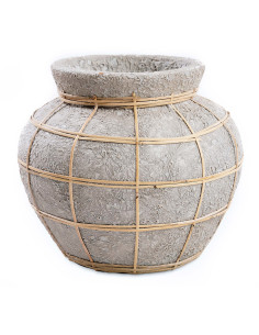 Vase Rond Hauteur 23 cm en Terre cuite Gris béton Raphia Naturel The Belly 