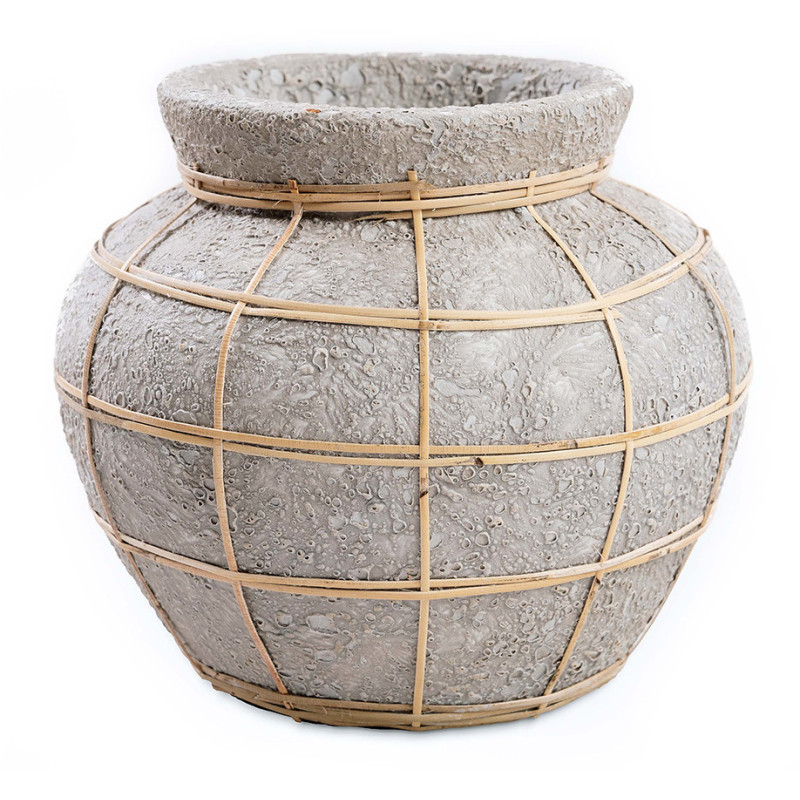 Vase Rond Hauteur 23 cm en Terre cuite Gris béton Raphia Naturel The Belly 