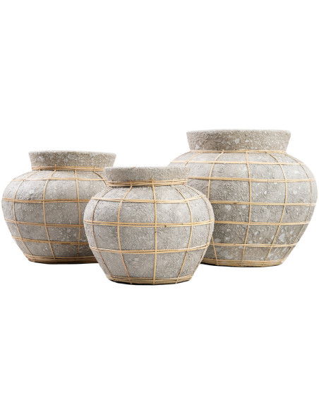 Vase Rond Hauteur 23 cm en Terre cuite Gris béton Raphia Naturel The Belly 