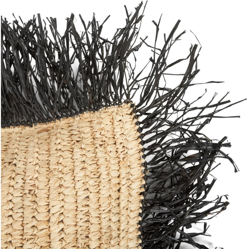 Housse de coussin Carrée 40x40 en Raphia Naturel Noir avec franges The Raffia Square 