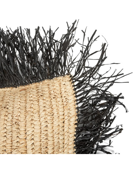 Housse de coussin Carrée 40x40 en Raphia Naturel Noir avec franges The Raffia Square 