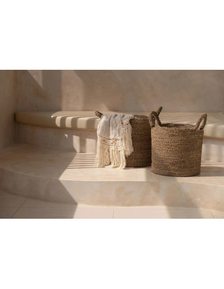 Panier de rangement bohème chic 2 poignées Rond 34 cm Jonc de mer Naturel Tressé The Sensity 