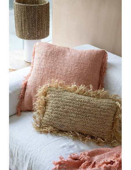Housse de coussin XL Carrée 60x60 en Velours Rose saumon avec franges The Oh My Gee 