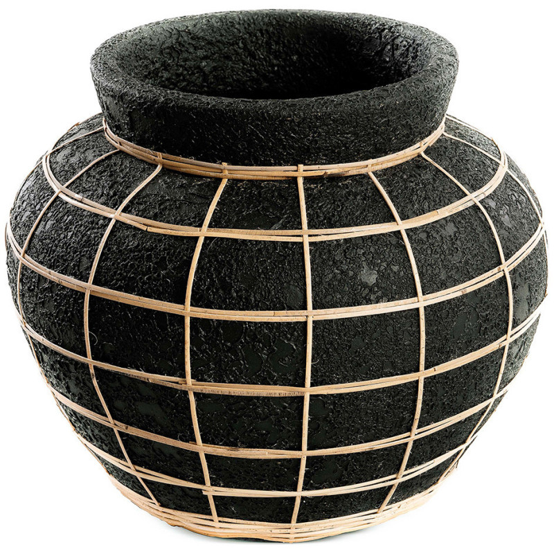 Vase Rond Hauteur 27 cm en Terre cuite Noir Raphia Naturel The Belly 