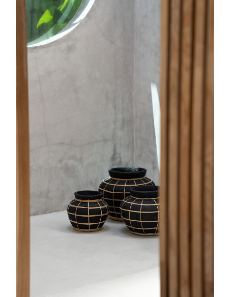 Vase Rond Hauteur 27 cm en Terre cuite Noir Raphia Naturel The Belly 