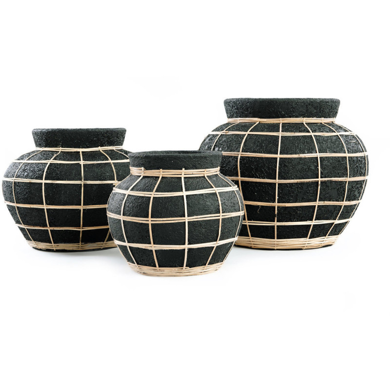 Vase Rond Hauteur 27 cm en Terre cuite Noir Raphia Naturel The Belly 