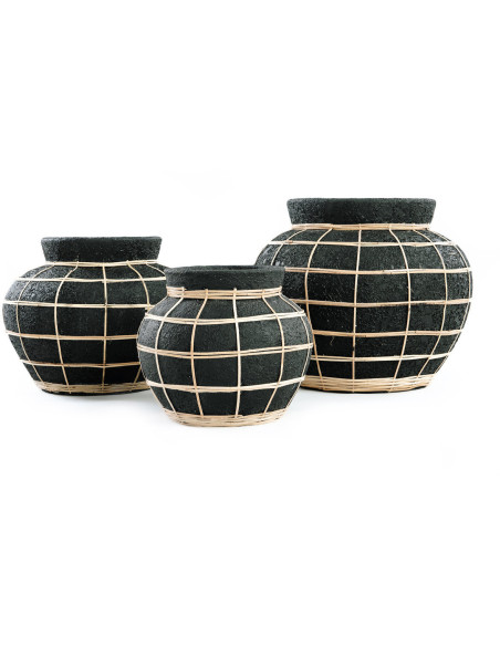 Vase Rond Hauteur 27 cm en Terre cuite Noir Raphia Naturel The Belly 