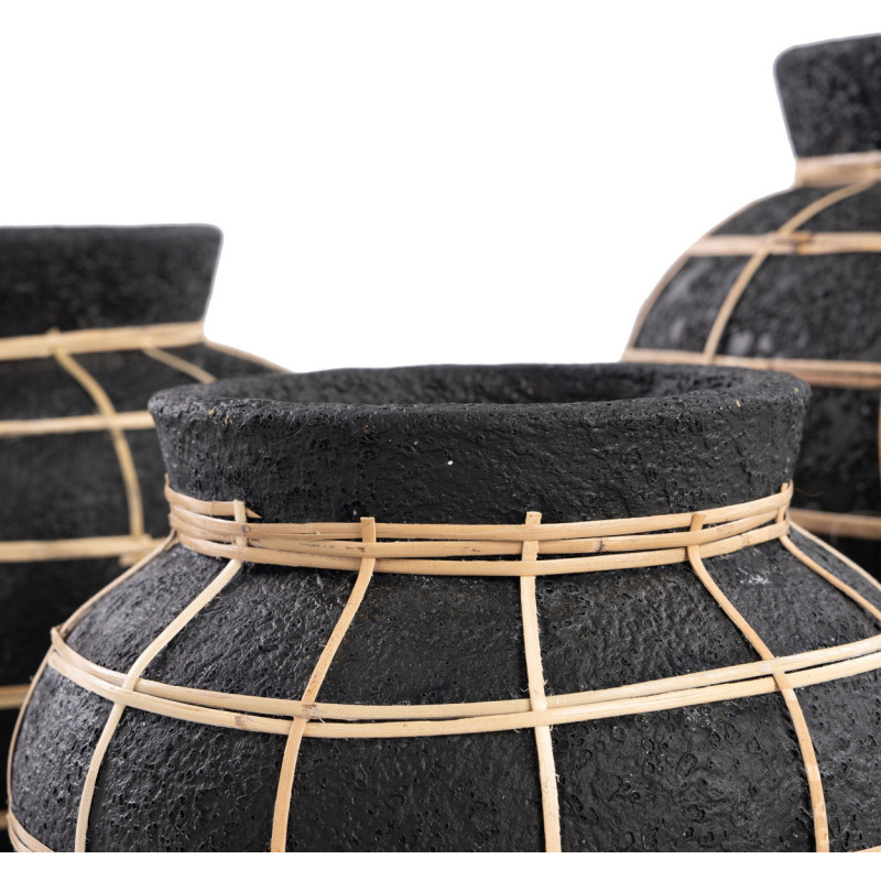 Vase Rond Hauteur 27 cm en Terre cuite Noir Raphia Naturel The Belly 