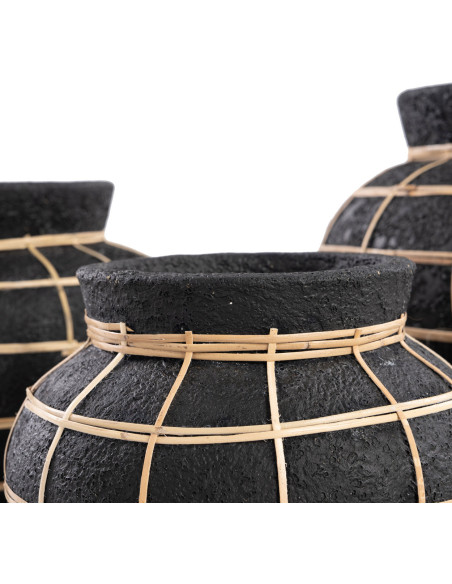 Vase Rond Hauteur 27 cm en Terre cuite Noir Raphia Naturel The Belly 