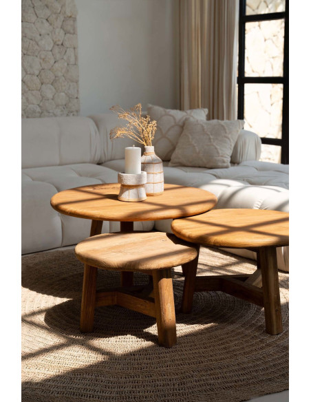 Table basse moderne Ronde 60 cm en Bois de teck recyclé Naturel The Fusuma 