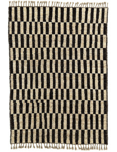 Grand Tapis Afghan ethnique chic Rectangulaire 205x306 Laine Noir Beige Avec franges Motif damier The Handwoven 
