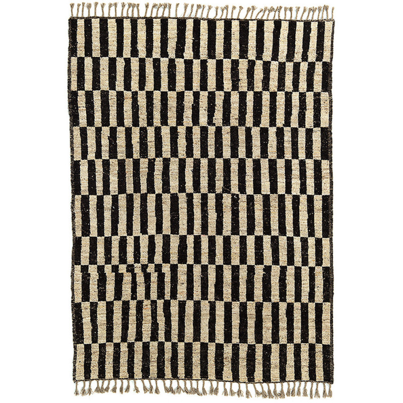 Grand Tapis Afghan ethnique chic Rectangulaire 205x306 Laine Noir Beige Avec franges Motif damier The Handwoven 