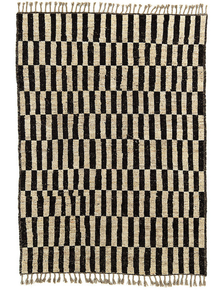 Grand Tapis Afghan ethnique chic Rectangulaire 205x306 Laine Noir Beige Avec franges Motif damier The Handwoven 