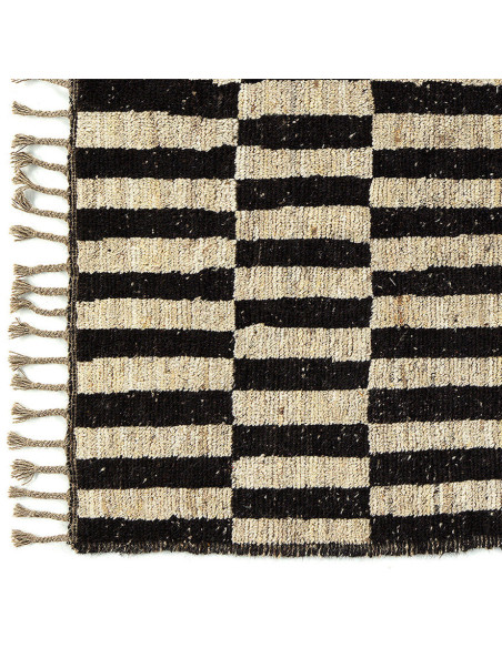 Grand Tapis Afghan ethnique chic Rectangulaire 205x306 Laine Noir Beige Avec franges Motif damier The Handwoven 