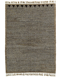 Grand Tapis Afghan ethnique chic Rectangulaire 212x310 Laine Beige Noir Avec franges Motif tribal The Handwoven 