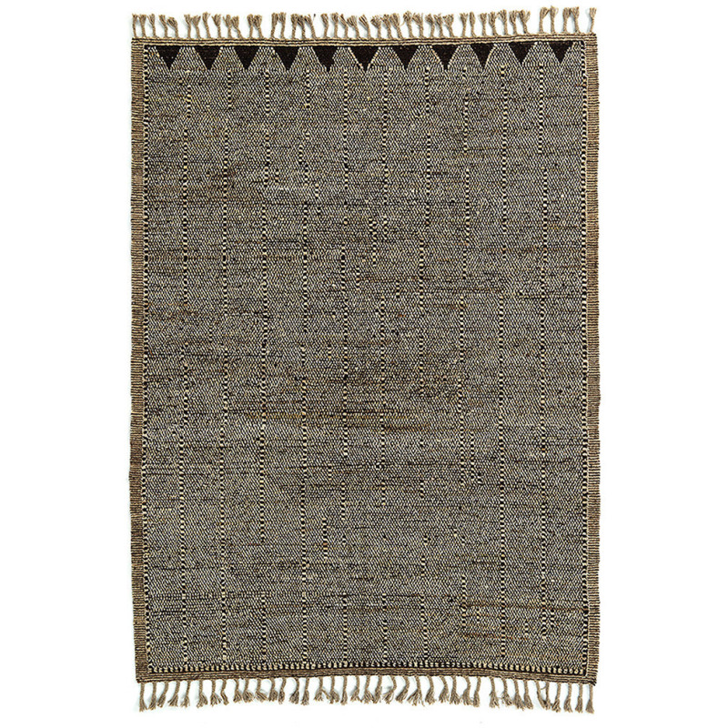 Grand Tapis Afghan ethnique chic Rectangulaire 212x310 Laine Beige Noir Avec franges Motif tribal The Handwoven 