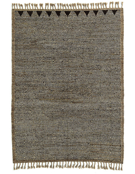 Grand Tapis Afghan ethnique chic Rectangulaire 212x310 Laine Beige Noir Avec franges Motif tribal The Handwoven 