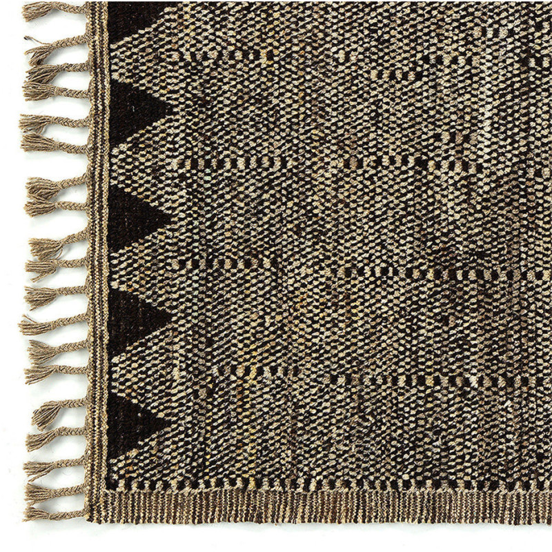 Grand Tapis Afghan ethnique chic Rectangulaire 212x310 Laine Beige Noir Avec franges Motif tribal The Handwoven 