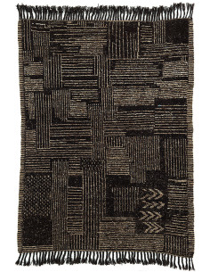 Grand Tapis Afghan ethnique chic Rectangulaire 208x310 Laine Noir Beige Avec franges Motif rayures The Handwoven 