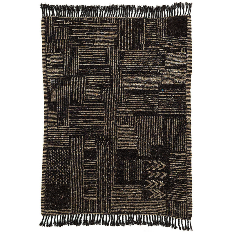 Grand Tapis Afghan ethnique chic Rectangulaire 208x310 Laine Noir Beige Avec franges Motif rayures The Handwoven 