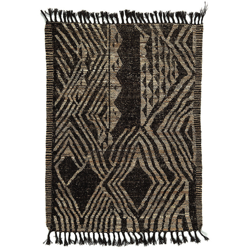 Grand Tapis Afghan ethnique chic Rectangulaire 212x308 Laine Beige Noir Avec franges Motif tribal The Handwoven 