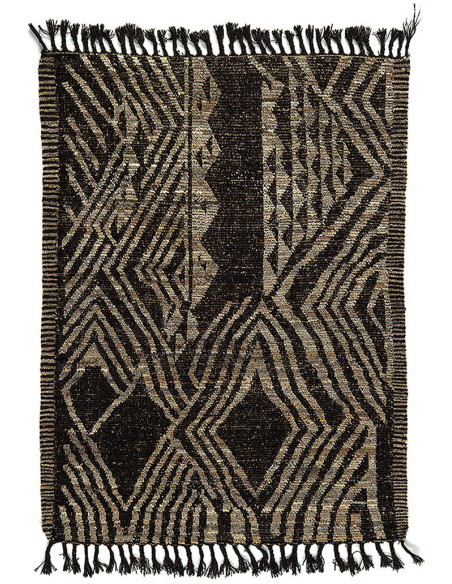 Grand Tapis Afghan ethnique chic Rectangulaire 212x308 Laine Beige Noir Avec franges Motif tribal The Handwoven 