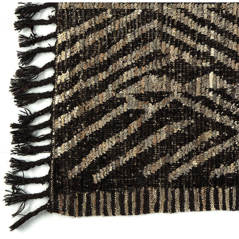 Grand Tapis Afghan ethnique chic Rectangulaire 212x308 Laine Beige Noir Avec franges Motif tribal The Handwoven 