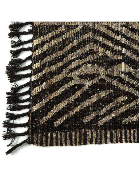 Grand Tapis Afghan ethnique chic Rectangulaire 212x308 Laine Beige Noir Avec franges Motif tribal The Handwoven 