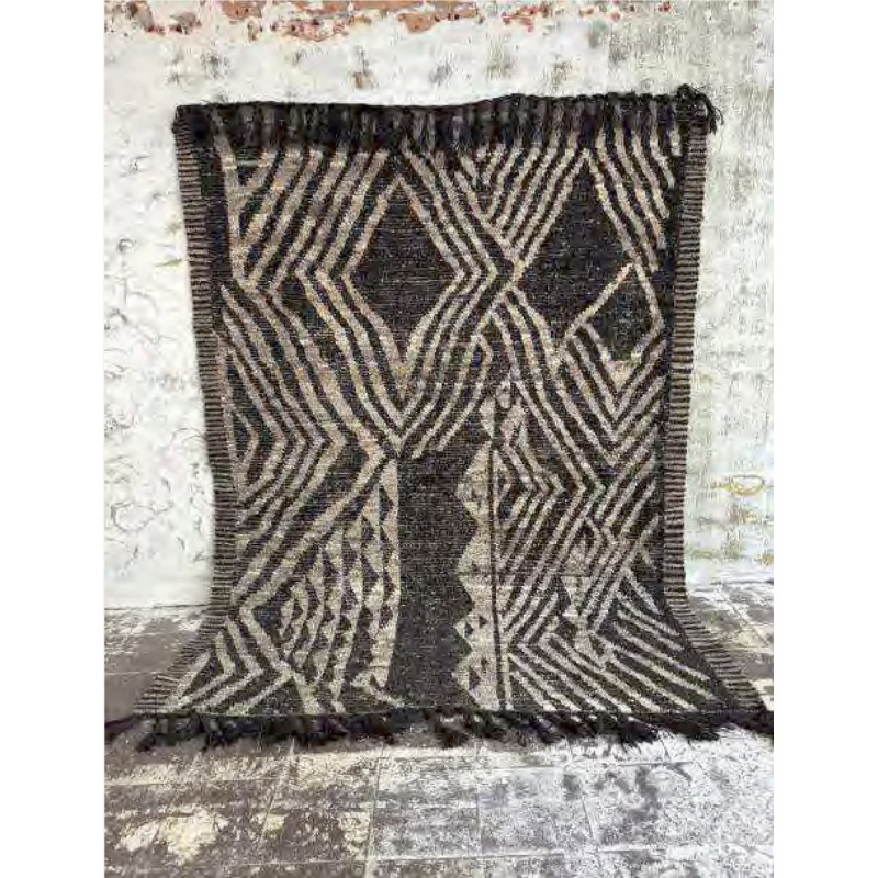 Grand Tapis Afghan ethnique chic Rectangulaire 212x308 Laine Beige Noir Avec franges Motif tribal The Handwoven 