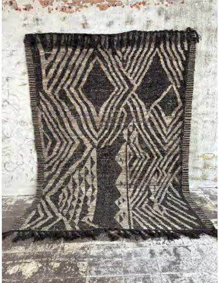 Grand Tapis Afghan ethnique chic Rectangulaire 212x308 Laine Beige Noir Avec franges Motif tribal The Handwoven 