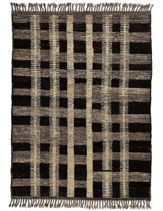Grand Tapis Afghan ethnique chic Rectangulaire 213x307 Laine Beige Noir Avec franges Motif quadrillé The Handwoven 