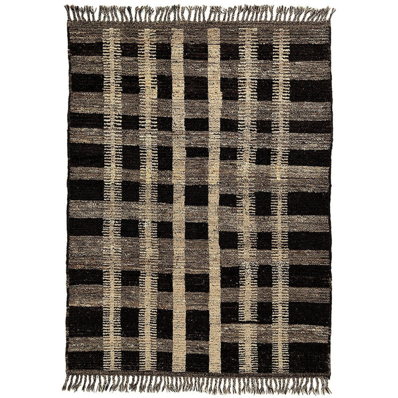 Grand Tapis Afghan ethnique chic Rectangulaire 213x307 Laine Beige Noir Avec franges Motif quadrillé The Handwoven 