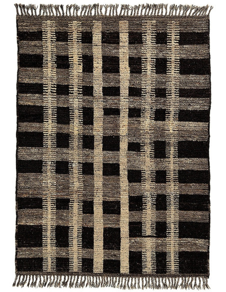 Grand Tapis Afghan ethnique chic Rectangulaire 213x307 Laine Beige Noir Avec franges Motif quadrillé The Handwoven 