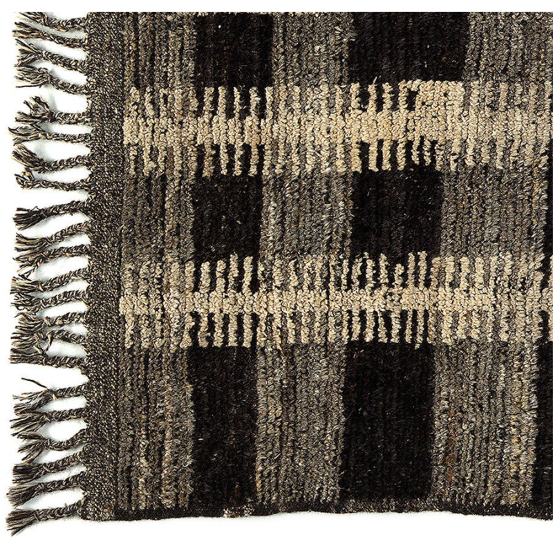 Grand Tapis Afghan ethnique chic Rectangulaire 213x307 Laine Beige Noir Avec franges Motif quadrillé The Handwoven 