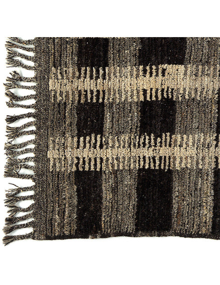 Grand Tapis Afghan ethnique chic Rectangulaire 213x307 Laine Beige Noir Avec franges Motif quadrillé The Handwoven 