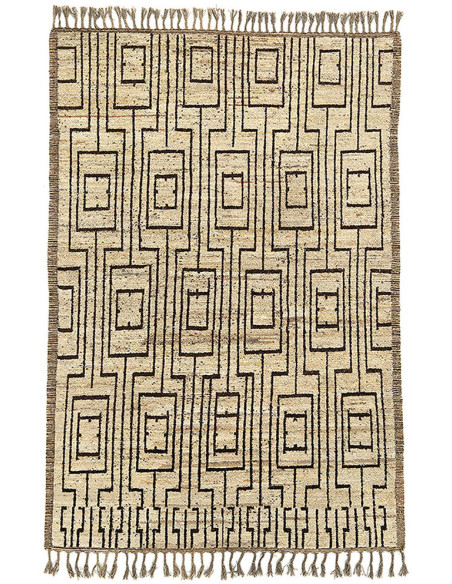 Grand Tapis Afghan ethnique chic Rectangulaire 204x310 Laine Naturel Marron Avec franges Motif tribal The Handwoven 