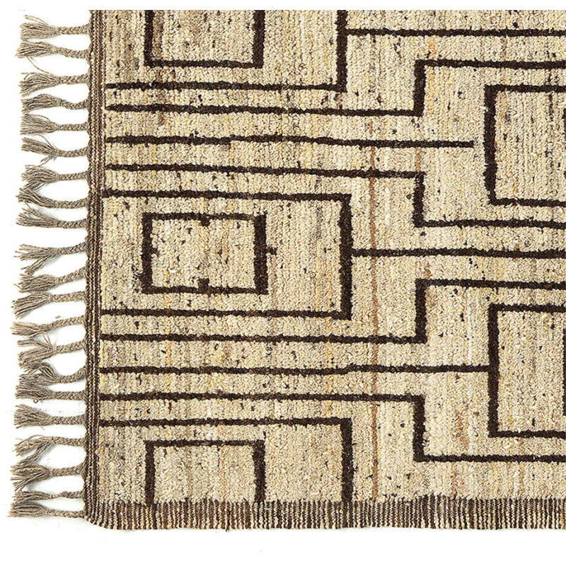 Grand Tapis Afghan ethnique chic Rectangulaire 204x310 Laine Naturel Marron Avec franges Motif tribal The Handwoven 