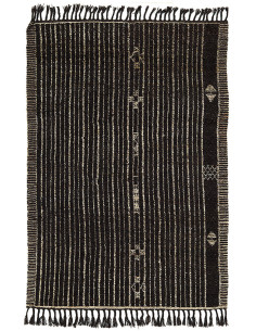 Grand Tapis Afghan ethnique chic Rectangulaire 205x309 Laine Noir Beige Avec franges Motif tribal The Handwoven 