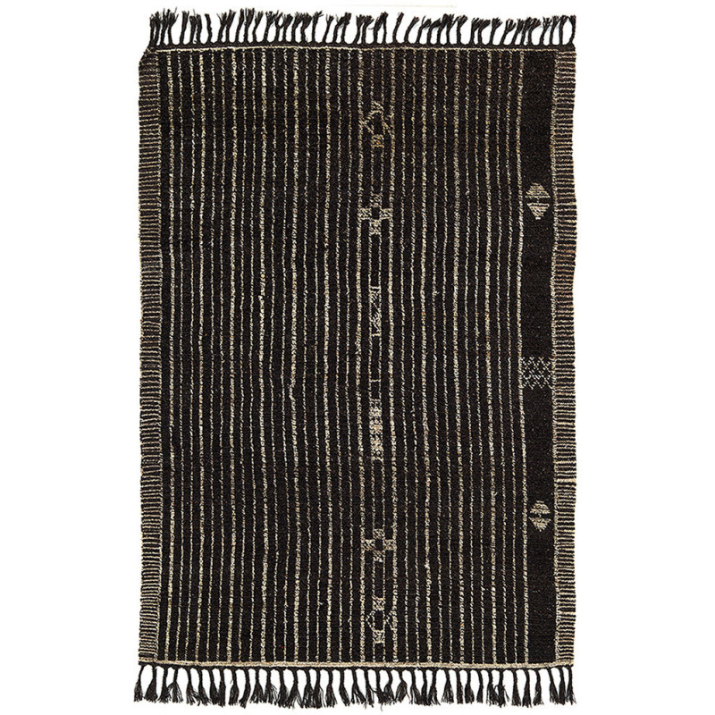 Grand Tapis Afghan ethnique chic Rectangulaire 205x309 Laine Noir Beige Avec franges Motif tribal The Handwoven 