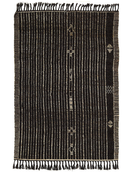 Grand Tapis Afghan ethnique chic Rectangulaire 205x309 Laine Noir Beige Avec franges Motif tribal The Handwoven 