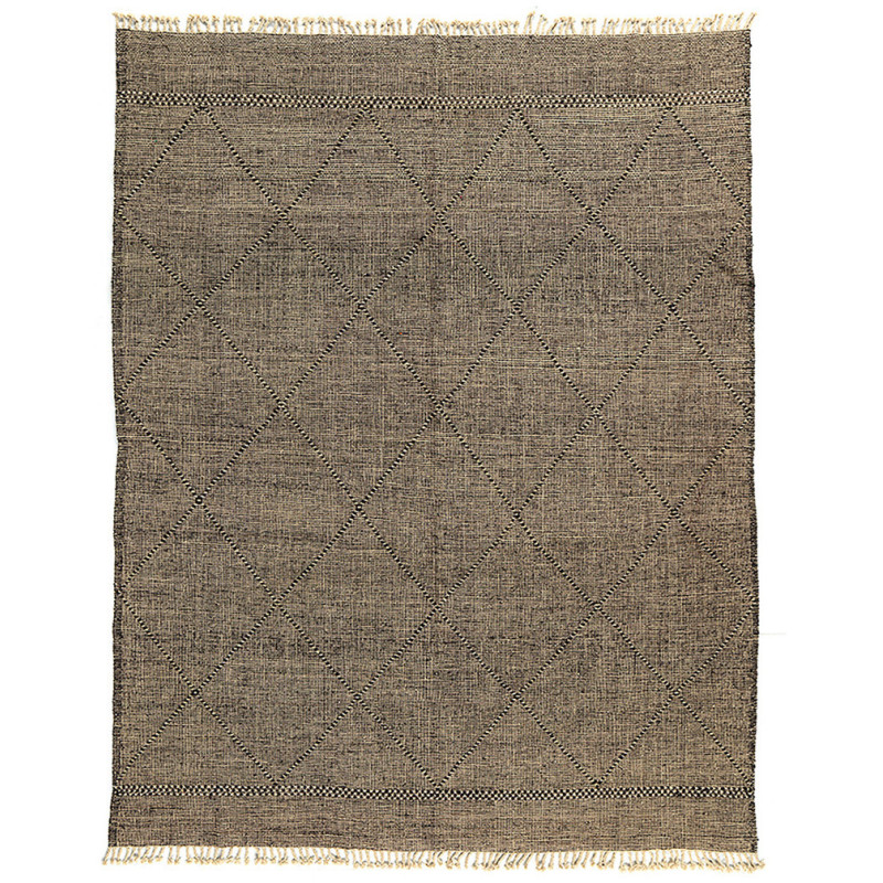 Grand Tapis Afghan ethnique chic Rectangulaire 297x384 Laine Beige Noir Avec franges Motif losanges The Handwoven 