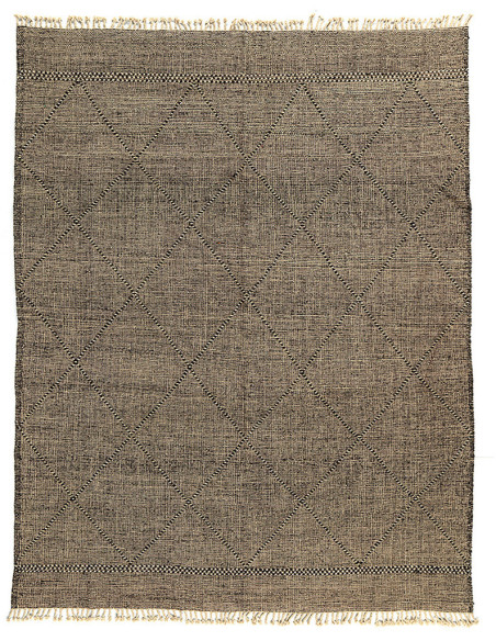 Grand Tapis Afghan ethnique chic Rectangulaire 297x384 Laine Beige Noir Avec franges Motif losanges The Handwoven 